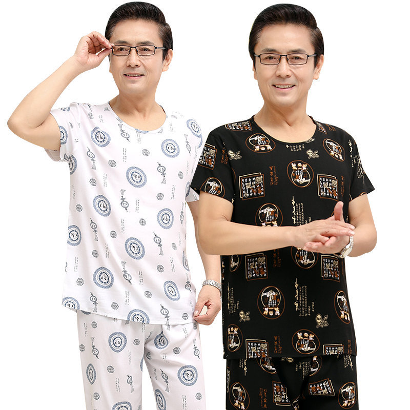 男士棉绸睡衣爸爸中年老人家居服薄款中老年人短袖人造棉套装夏季