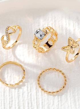 跨境货源小众高级轻奢宝石复古指环个性蝴蝶合金套装戒指组合女