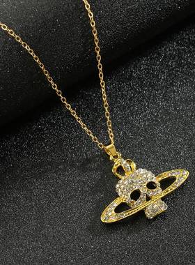 骷髅土星骨头双层项链欧美朋克风个性时尚潮人满钻土星光环项链