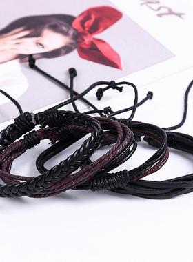 欧美简约复古套装手链diy编织牛皮手链多层组合男士手链手环饰品