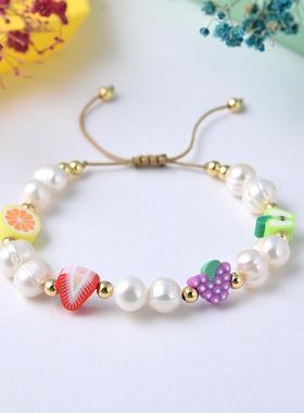 跨境速卖通跨国民族风软陶片水果手链淡水珍珠串珠保色笑脸手工