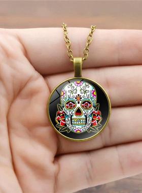 墨西哥糖骷髅头时光宝石吊坠项链女百搭欧美银色毛衣链饰品