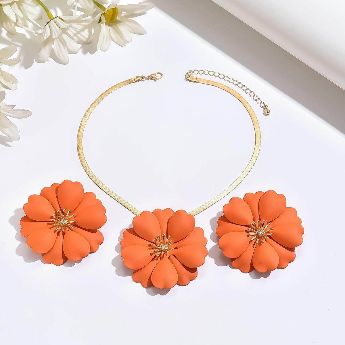 欧美跨境热卖复古长款气质橙色花朵喷漆气质耳环项链高级感套装,饰品/流行首饰/时尚饰品新,组合套装,淘宝优惠券,粉丝福利购,淘宝优惠卷