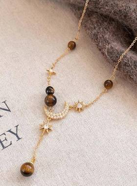 美拉德虎眼石星月项链女2025秋冬新款爆款颈链复古百搭毛衣链配饰