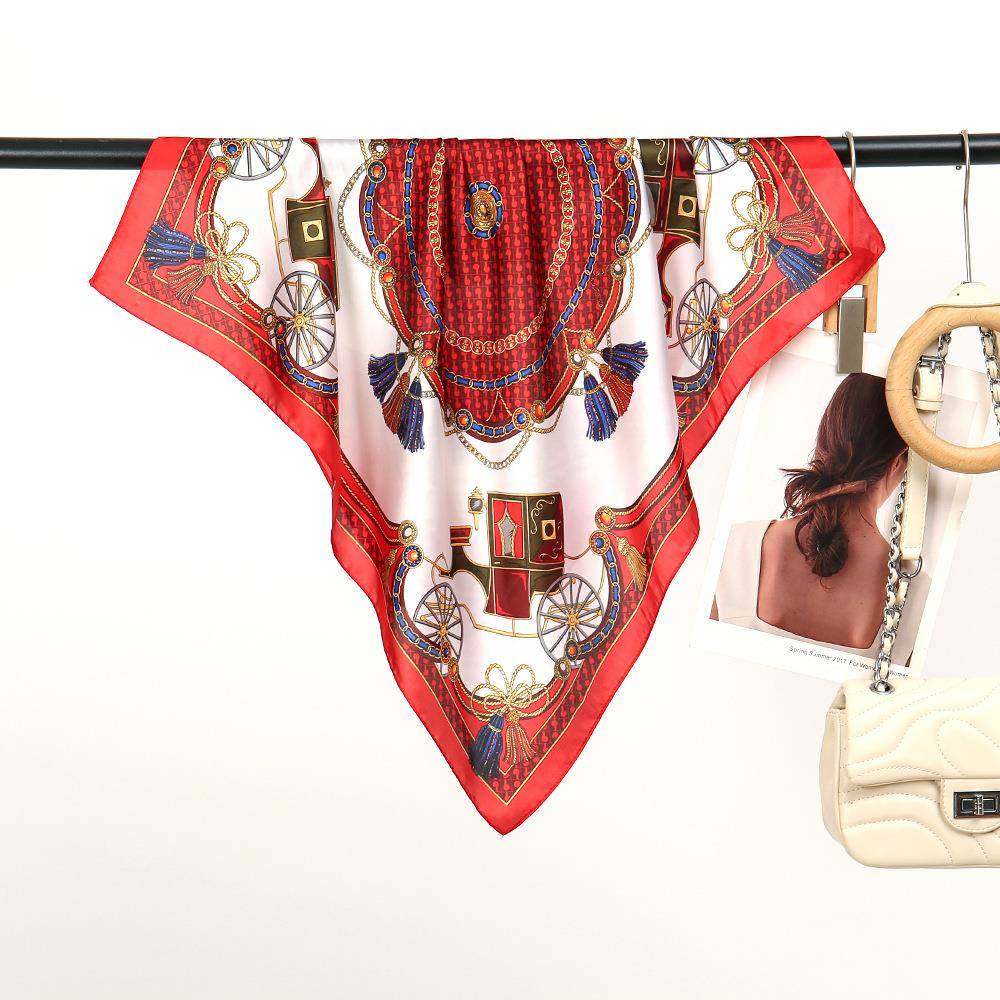 欧美复古风法式轻奢丝巾女70仿真丝红色马车印花装饰系脖百搭方巾,服饰配件/皮带/帽子/围巾,围巾/丝巾/披肩,淘宝优惠券,粉丝福利购,淘宝优惠卷