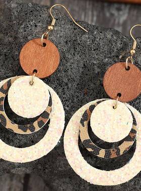 eBay跨境欧美新款复古风三层豹纹亮片圆环皮革耳环女士耳饰