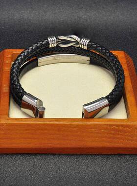 【跨境爆款】欧美时尚8字不锈钢磁铁扣潮流男士多绳编织黑色手链