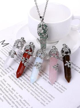 跨境热销天然六角柱紫水晶粉晶虎眼石项链复古银色玫瑰花梅花吊坠