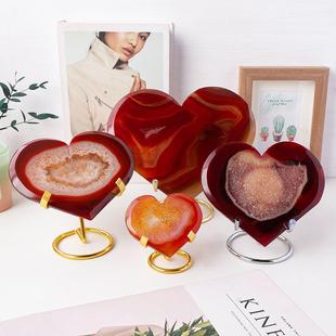 天然水晶红玛瑙晶洞晶簇爱心原石打磨桌面立体心形观景石摆件