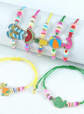 欧美新款拖鞋菠萝可调节儿童手环太阳椰树沙滩彩色手链跨境现货