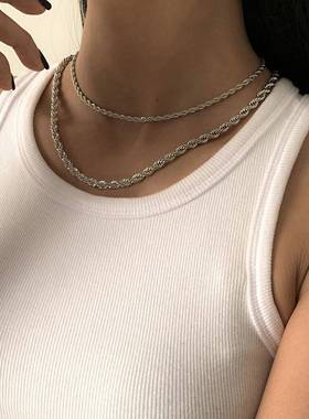 欧美跨境饰品嘻哈简约几何麻花链项饰个性街拍双层金属套装项链