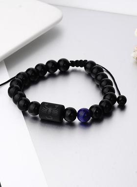 欧美跨境热卖天然石虎石磨砂玻璃十二星座编织男士手链可拉伸