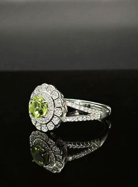 S925银欧美风个性潮流6MM天然橄榄石戒指女超闪镶钻日常佩戴戒指