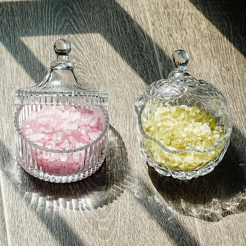 天然水晶碎石消磁碗御守盐净化玻璃碗首饰盒收纳盒带盖扩香石