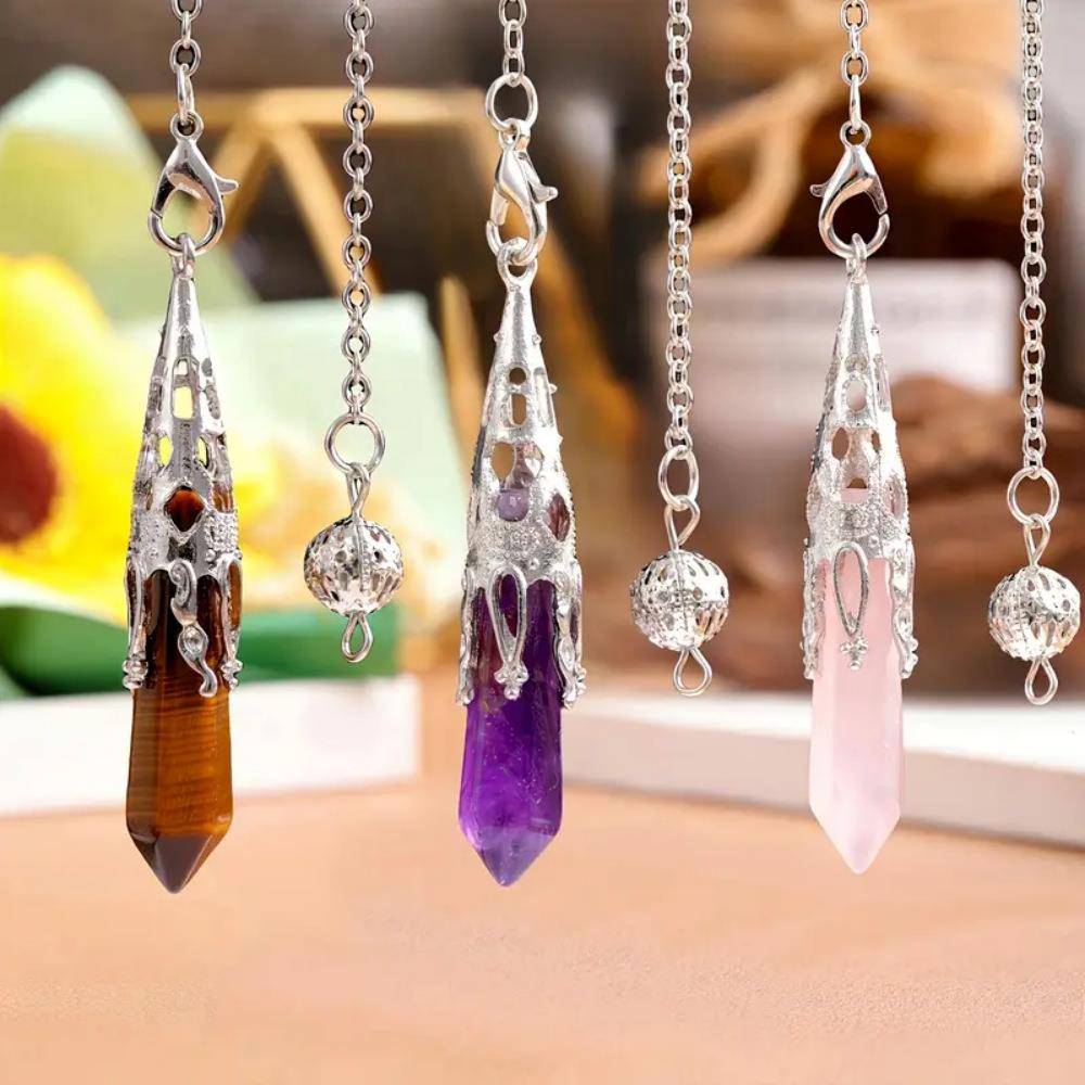 跨境天然石紫水晶粉晶吊坠单尖六角柱项链瑜伽配件灵摆调装饰