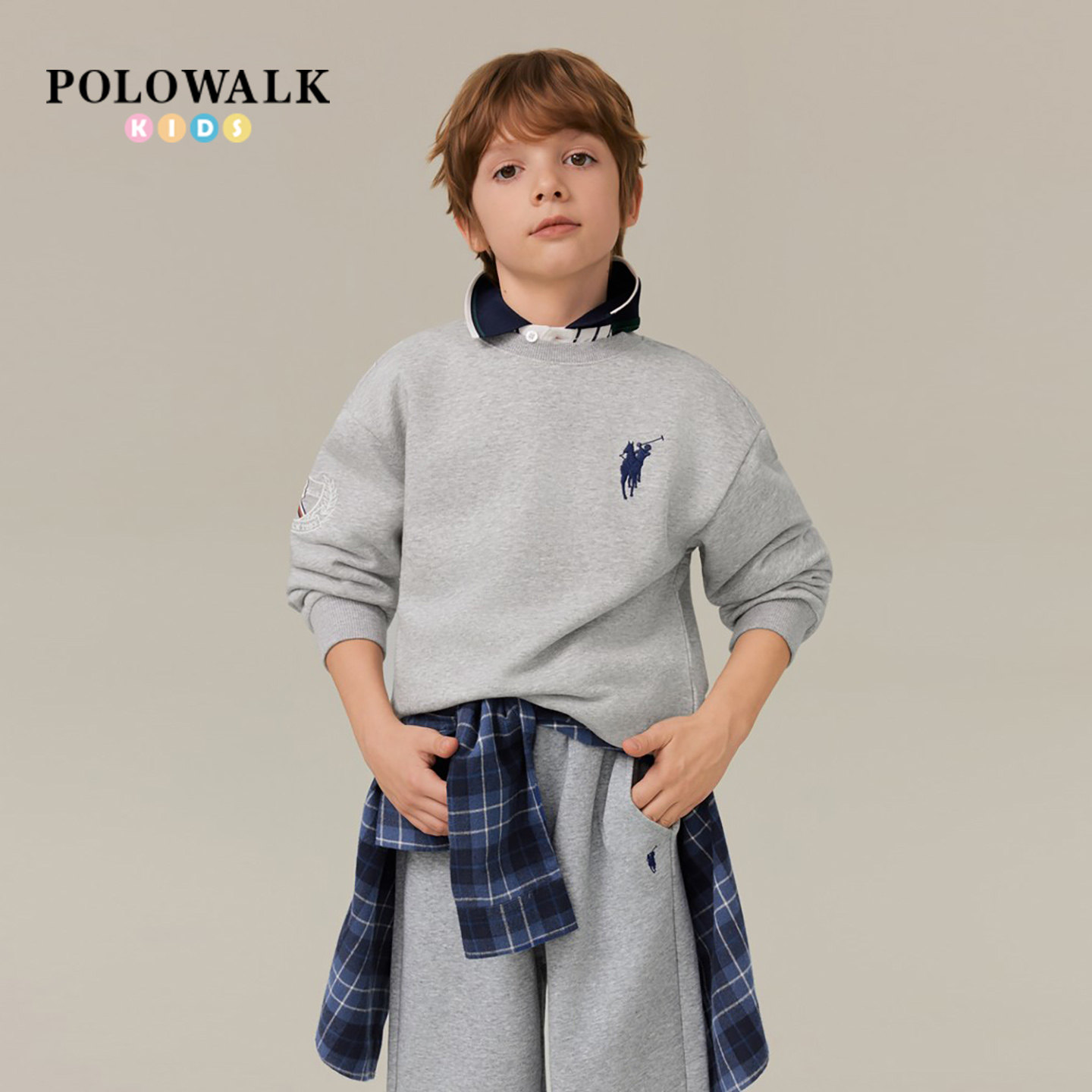 POLOWALK童装男童卫衣2025秋季新款保罗儿童运动百搭圆领刺绣上衣