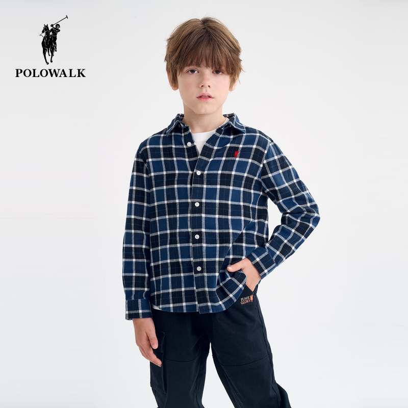 POLOWALK童装2024秋季新款男童纯棉透气衬衫百搭格子长袖磨毛衬衣