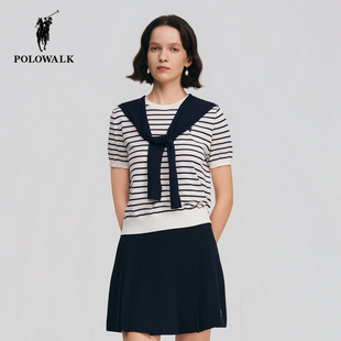 POLOWALK披肩短袖针织衫女2026夏季新款保罗女装条纹显瘦圆领半袖