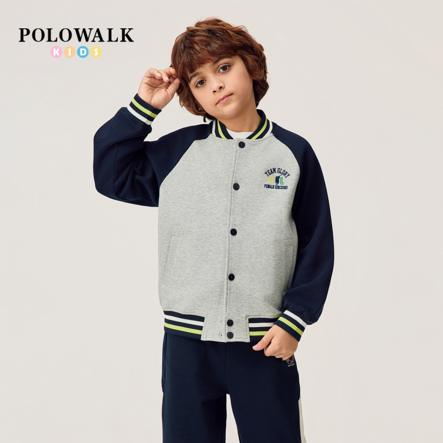POLOWALK男童学院风棒球领外套图片