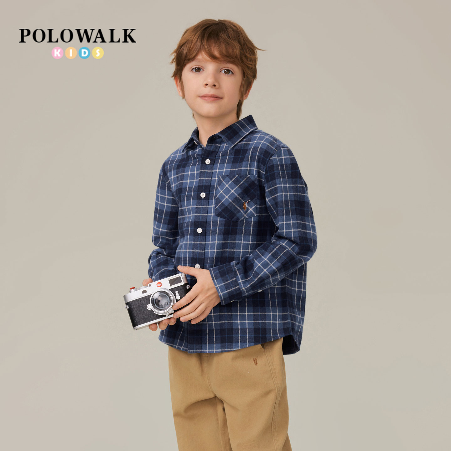 POLOWALK男童翻领格纹长袖衬衫潮