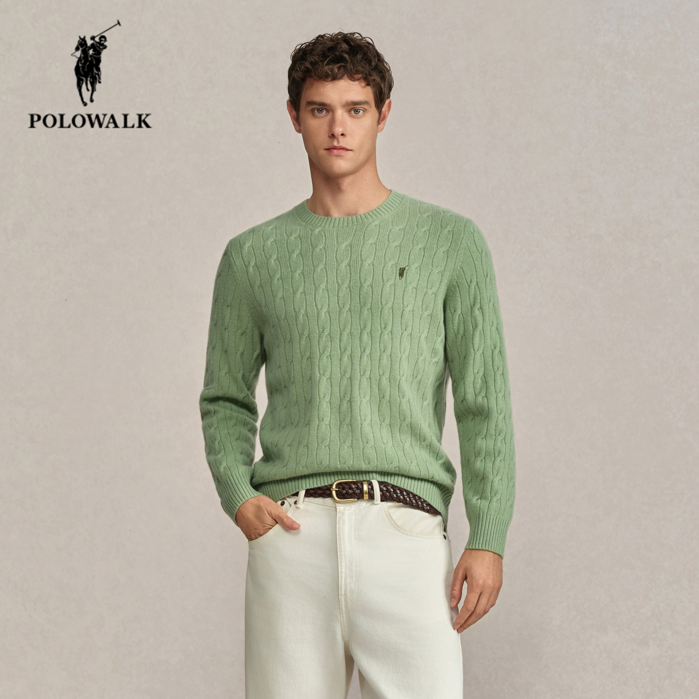 POLOWALK男士绞花羊毛衫25冬季新款保罗男装宽松百搭圆领套头毛衣,男装,针织衫/毛衣,淘宝优惠券,粉丝福利购,淘宝优惠卷
