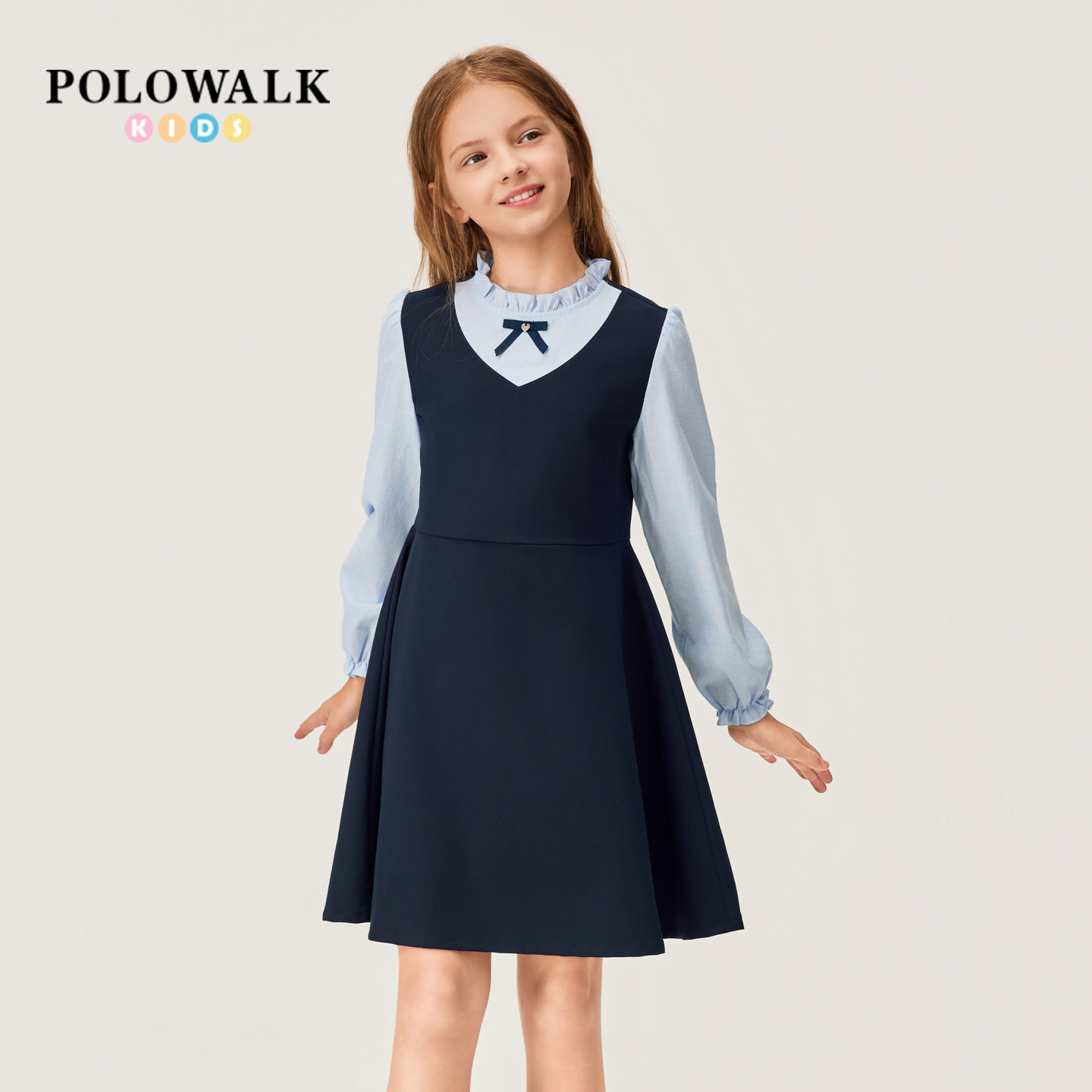 POLOWALK女童假两件长袖连衣裙图片
