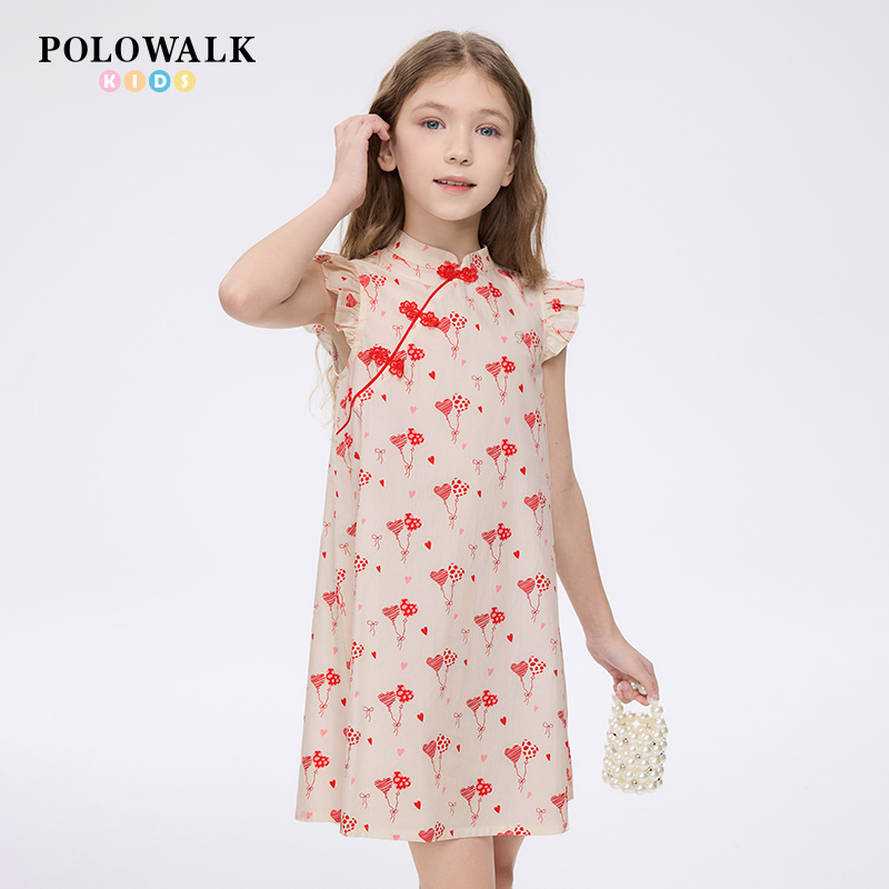 POLOWALK童装女童印花短袖连衣裙2025夏季新款保罗简约洋气公主裙