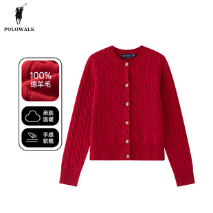 POLOWALK红色毛衣女2025冬季新款保罗新年亲子装麻花羊毛开衫外套