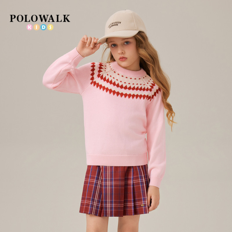 POLOWALK童装女童针织衫2025秋季新款保罗儿童百搭圆领提花毛衣潮,童装/婴儿装/亲子装,毛衣/针织衫,淘宝优惠券,粉丝福利购,淘宝优惠卷