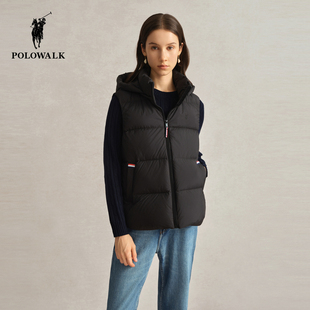 POLOWALK女士羽绒马甲2024冬季新款纯色百搭简约时尚连帽背心女