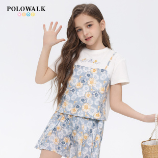 假两件纯棉短袖 POLOWALK童装 保罗儿童时尚 新款 女童圆领t恤25夏季