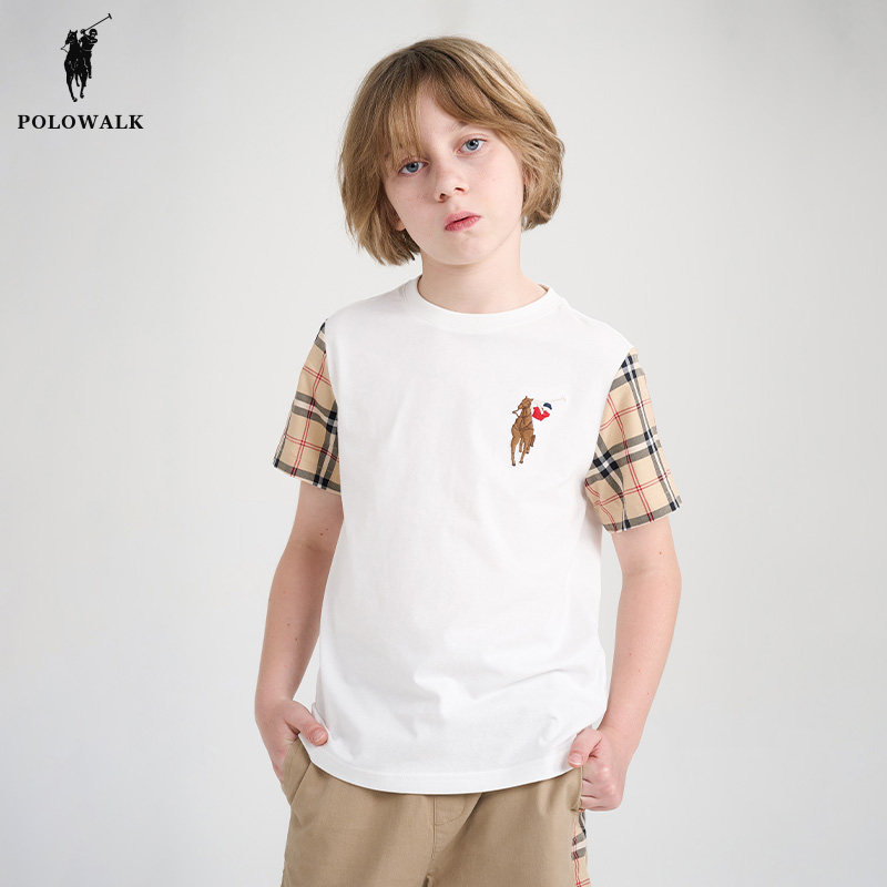 POLOWALK童装男童短袖t恤夏季新款保罗儿童时尚格子拼接圆领上衣,童装/婴儿装/亲子装,T恤,淘宝优惠券,粉丝福利购,淘宝优惠卷