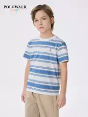 POLOWALK Boys' Pure Cotton T-Shirt 2025 Summer New Arrival Stripe Crew Neck Undershirt