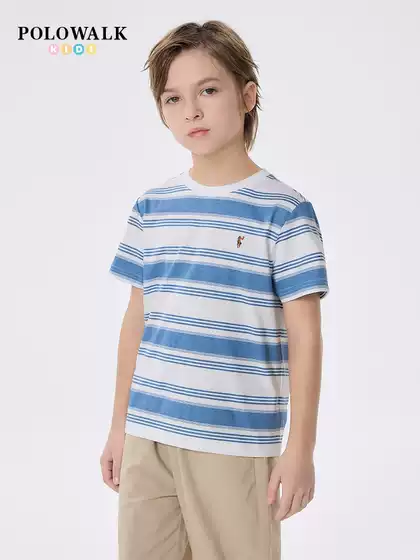 POLOWALK Boys' Pure Cotton T-Shirt 2025 Summer New Arrival Stripe Crew Neck Undershirt
