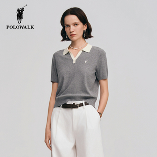 POLOWALK翻领短袖针织衫26夏季新款保罗女装休闲撞色百搭半袖t恤
