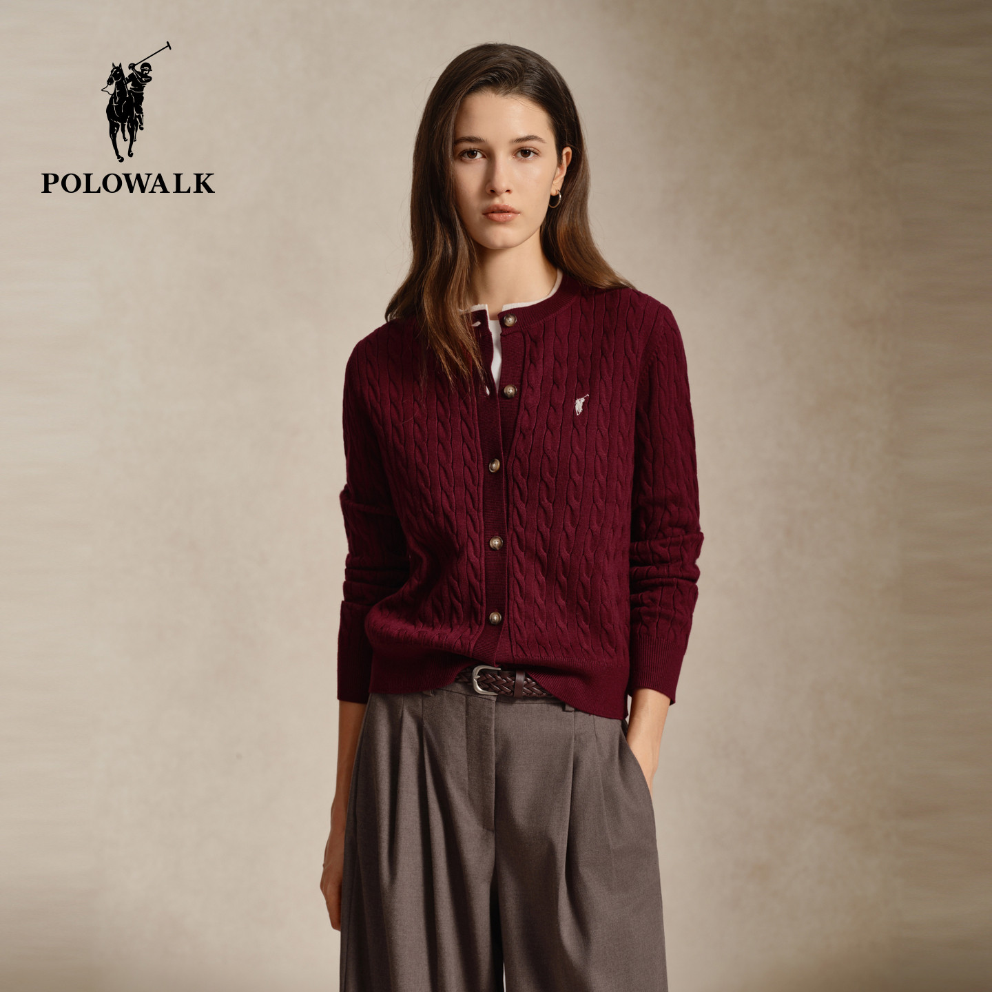 POLOWALK秋季新品绞花针织开衫女