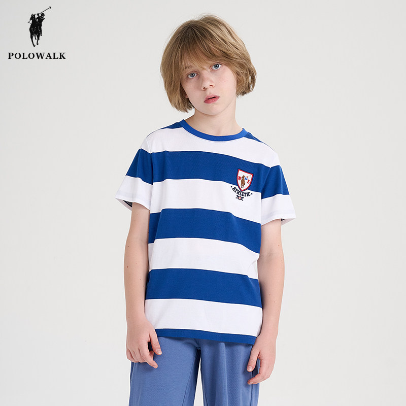 POLOWALK童装男童宽条纹短袖t恤夏季新款保罗儿童运动纯棉打底衫