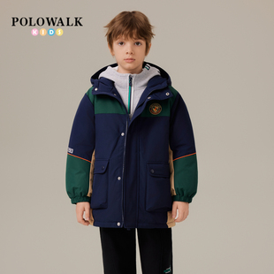 POLOWALK童装男童羽绒服25冬季新款保罗儿童立领连帽撞色拼接外套