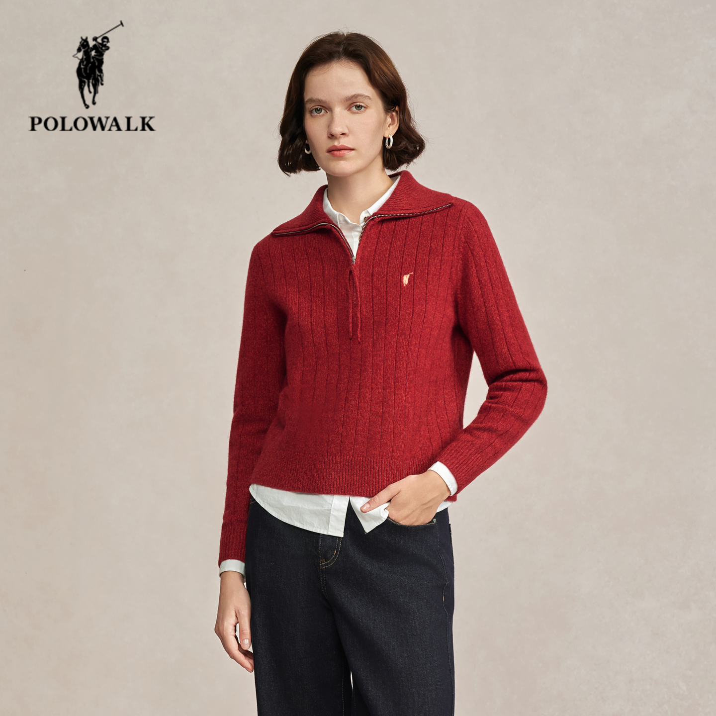 POLOWALK冬季新品时尚翻领羊毛衫