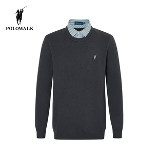 POLOWALK男士假两件针织衫2024秋冬新款商务通勤百搭衬衫领毛衣男