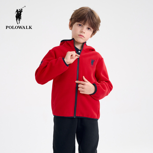 POLOWALK童装男童红色摇粒绒外套秋冬季新款保罗保暖连帽开衫上衣