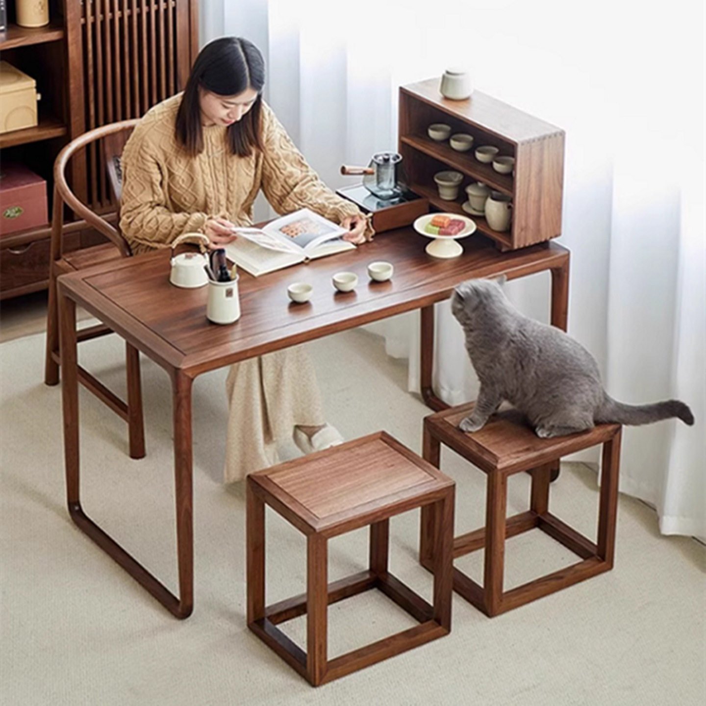 北美黑胡桃木实木茶桌家用小户型