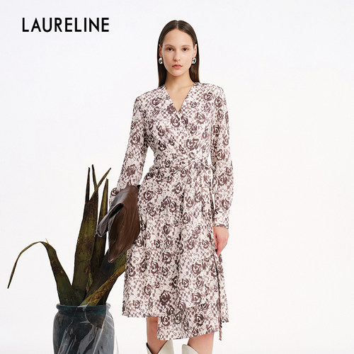 LAURELINE/洛瑞琳A字收腰连衣裙春季新款玫瑰印花优雅仙女裙