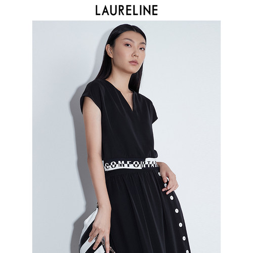 LAURELINE/洛瑞琳针织短上衣夏季新款拼接时尚百搭短袖针织衫女