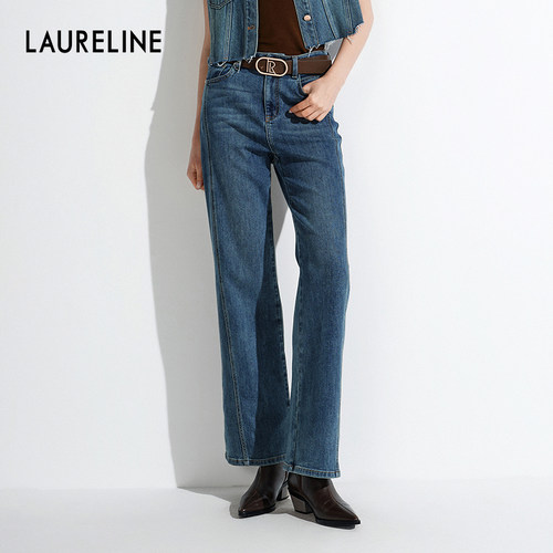 LAURELINE/洛瑞琳复古直筒牛仔裤女蓝色长裤显瘦休闲百搭欧美风