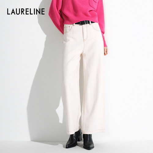 LAURELINE/洛瑞琳极简风白色高腰阔腿牛仔裤女宽松直筒通勤裤
