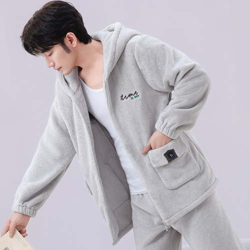 睡衣男士秋冬季2026新款加厚亲肤绒连帽拉链珊瑚绒可外穿保暖套装