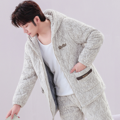 睡衣男秋冬季三层加厚加绒珊瑚绒