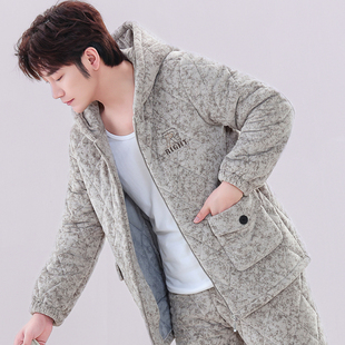 睡衣男士秋冬季三层加厚加绒珊瑚绒夹棉中老年可外穿套装家居服冬