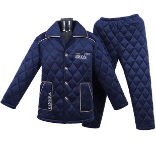 秋冬季男士睡衣三层夹棉珊瑚绒冬款加厚加绒保暖法兰绒家居服套装